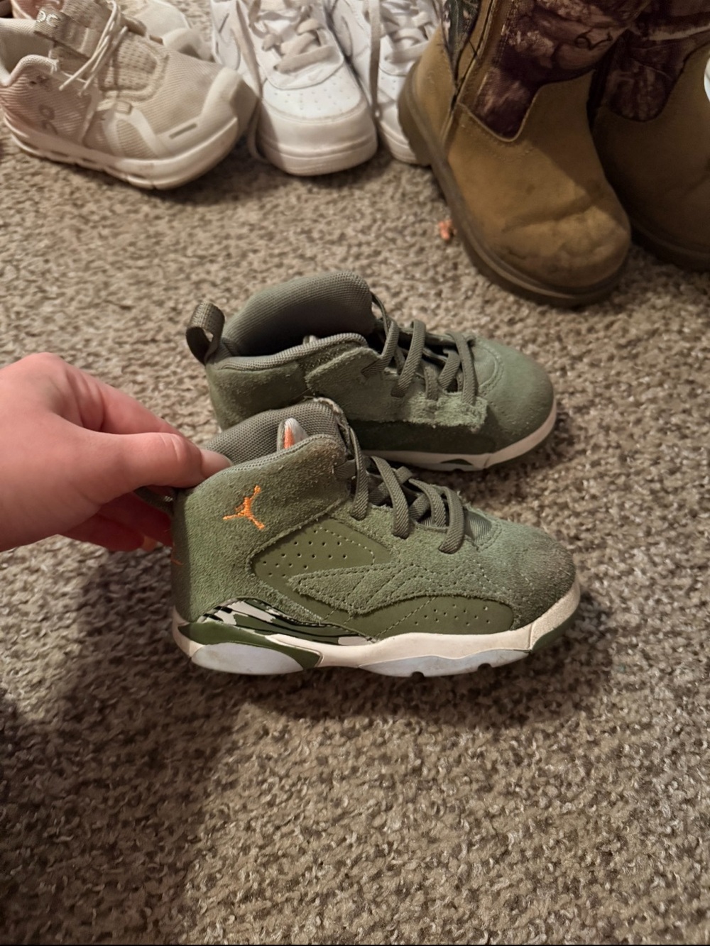 Nike Kids Olive Green Suede High-Top Sneakers with Orange Jumpman